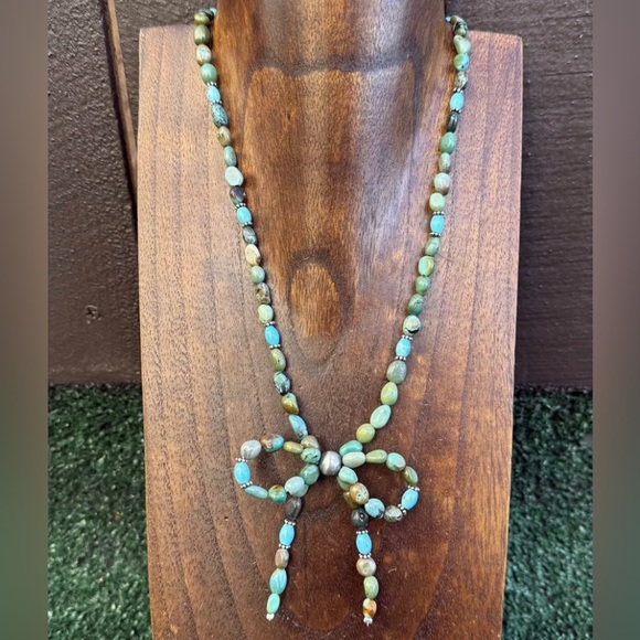 Bow Blue Green Turquoise Sterling Silver Pearls Bead Necklace. 18 Inch. Gift